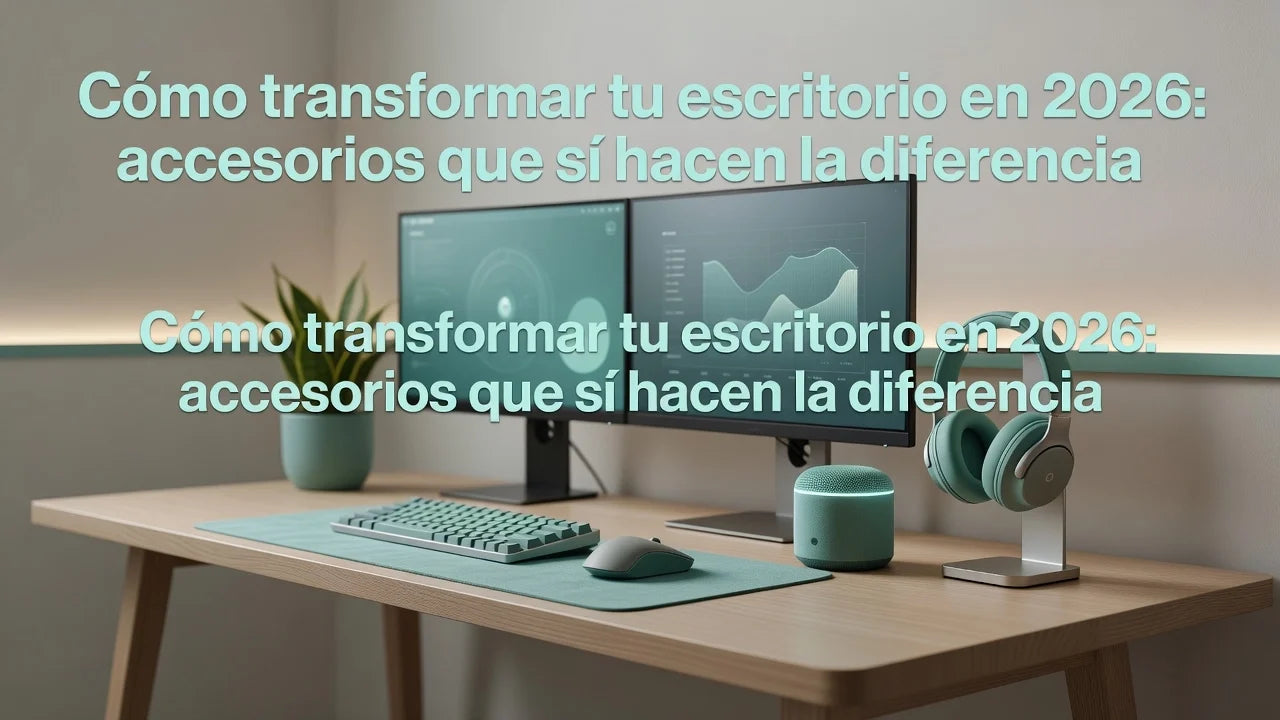 Professional header image for list-based article: Cómo transformar tu escritorio en 2026: accesorios que sí...