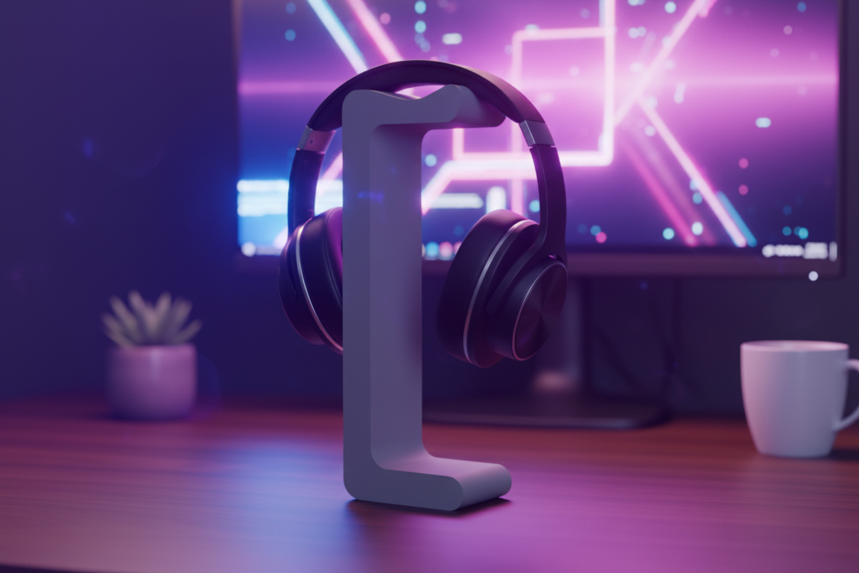 Headset stand with headphones on a dark wood office desk
